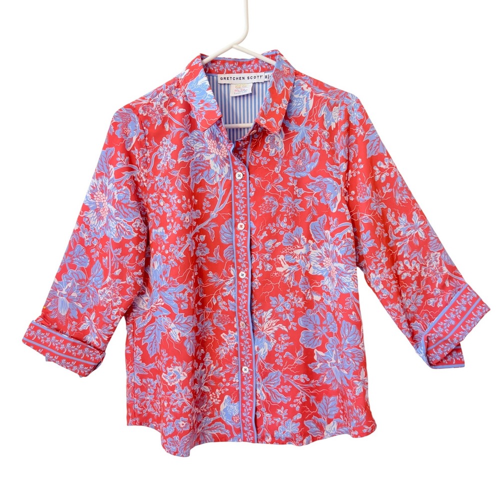GRETCHEN SCOTT Red Floral Preppy Coastal Button Down Shirt MEDIUM
